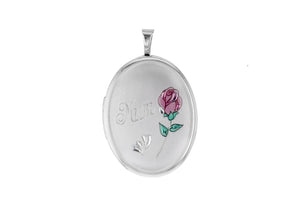 Sterling Silver Etched  'Mum' Rose Oval Locket