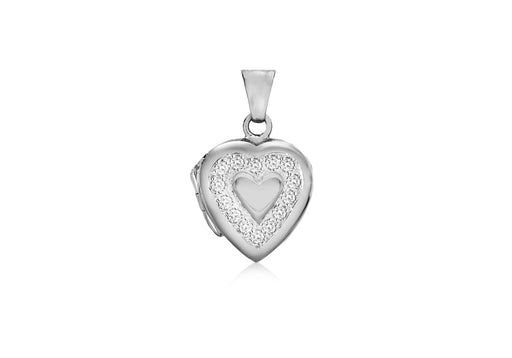 Sterling Silver Rhodium Plated Zirconia Outline Heart Locket Pendant