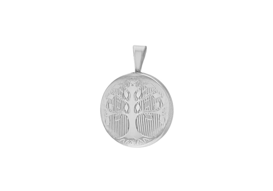 Sterling Silver Rhodium Plated 16mm x 21.5mm Polished and Satin Tree Round Locket
