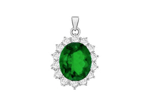 Sterling Silver White Zirconia  and Green Crystal Oval Cluster Pendant