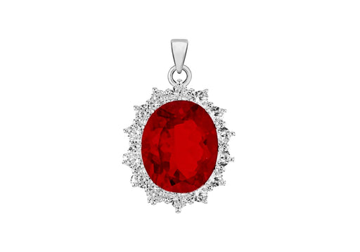 Sterling Silver White Zirconia  and Red Crystal Oval Cluster Pendant