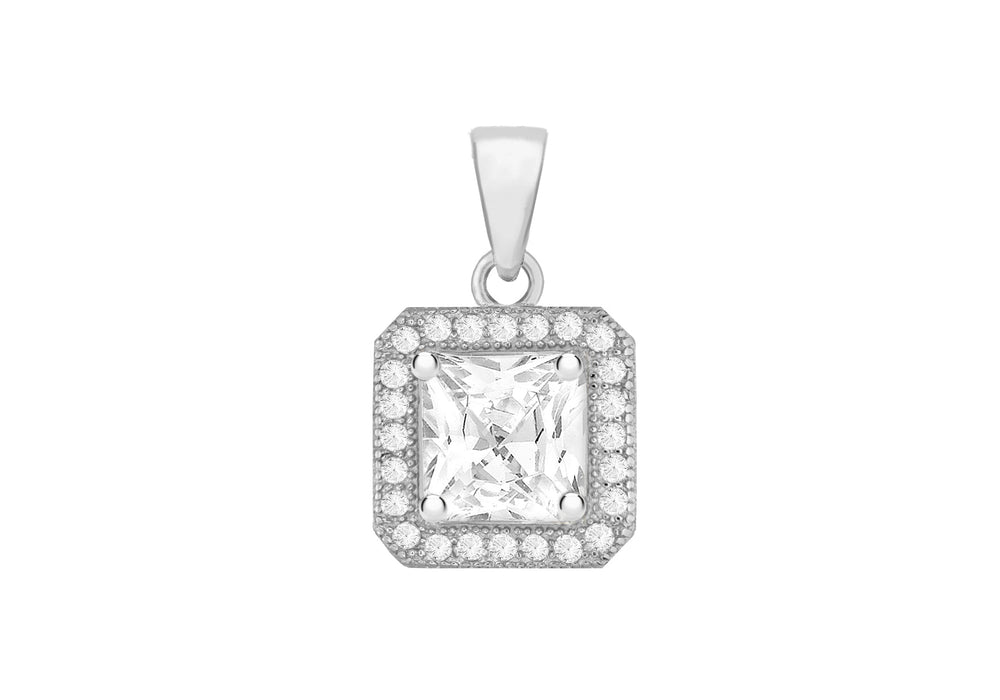 Sterling Silver Rhodium Plated Zirconia  10mm x 17mm Square Pendant