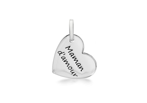 Sterling Silver Rhodium Plated 13mm x 15mm 'Maman d'amour' Heart Pendant