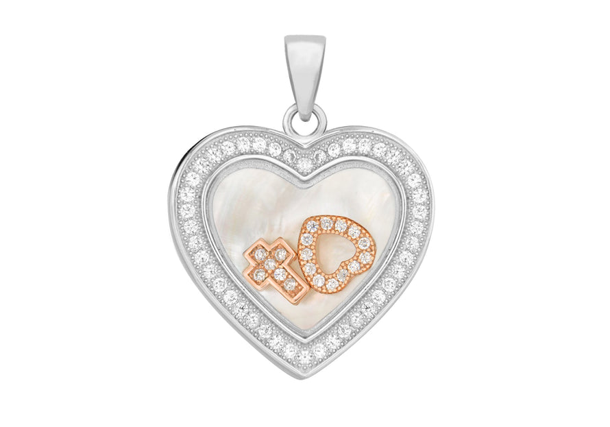 Sterling Silver Rhodium Plated Zirconia  and Mother of Pearl Heart with Heart & Cross Charms Pendant