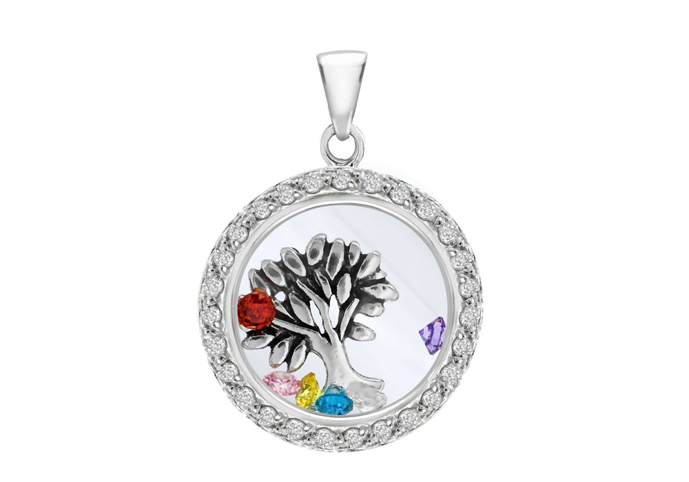 Sterling Silver Floating Zirconia  Tree of Life Round Pendant