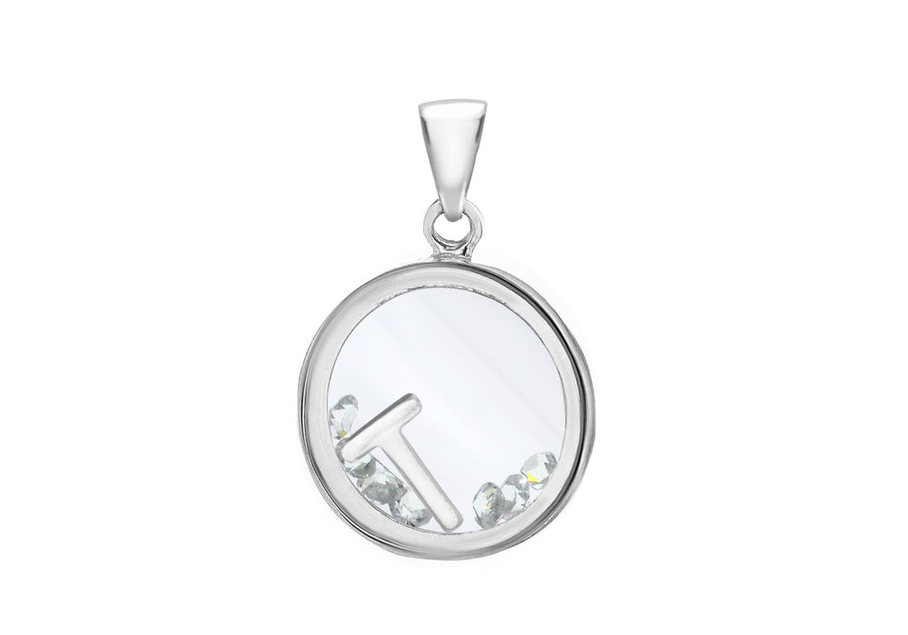 Sterling Silver Zirconia  14mm x 22mm 'T' Initial Floating ase Pendant