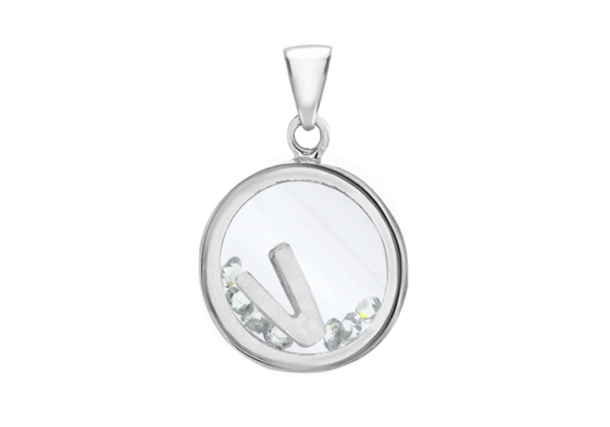 Sterling Silver Zirconia  14mm x 22mm 'V' Initial Floating ase Pendant