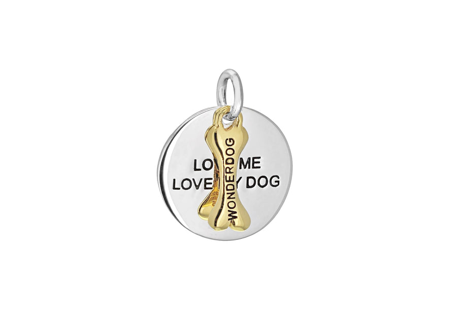 Sterling Silver Yellow Gold Plated Oxidised  17mm x 21mm 'Love Me Love My Dog' Disc 'Wonderdog' Bone Pendant