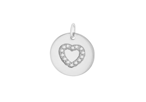 Sterling Silver Rhodium Plated Zirconia  15mm x 18mm Heart Disc Pendant