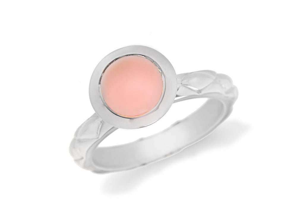 Sterling Silver Rhodium Plated Round Pink Opaque Crystal  Patterned Stacking Ring
