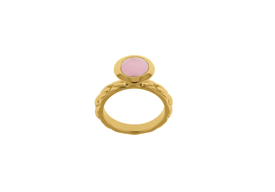 Sterling Silver Yellow Gold Plated Round Pink Opaque Crystal  Patterned Stacking Ring