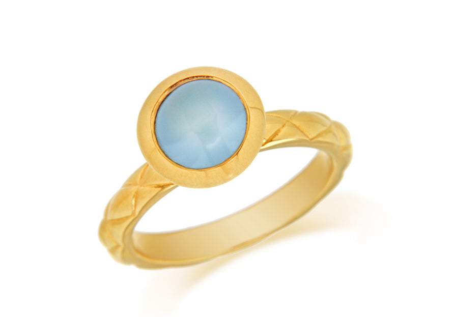 Sterling Silver Yellow Gold Plated Round Blue Opaque Crystal  Patterned Stacking Ring