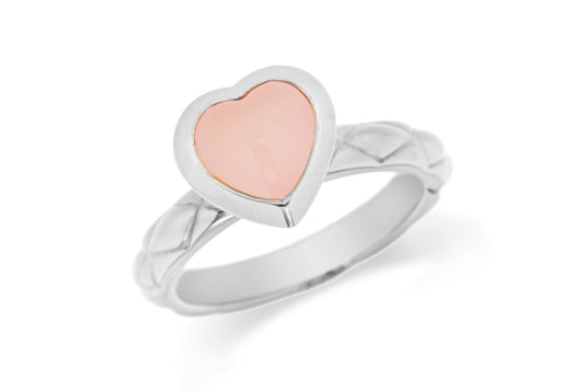 Sterling Silver Rhodium Plated Pink Opaque Crystal  Heart Patterned Stacking Ring