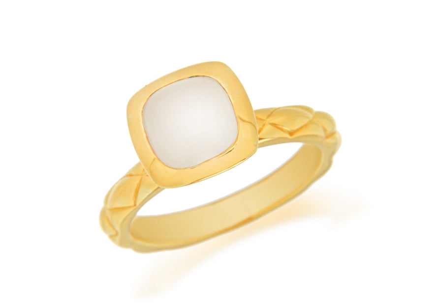 Sterling Silver Yellow Gold Plated Square White Opaque Crystal  Patterned Stacking Ring