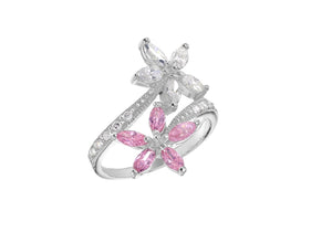 Sterling Silver Pink & White Zirconia Double Flower Ring