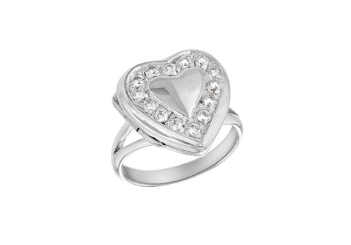Sterling Silver White Stone Set Edge Heart Locket Ring 