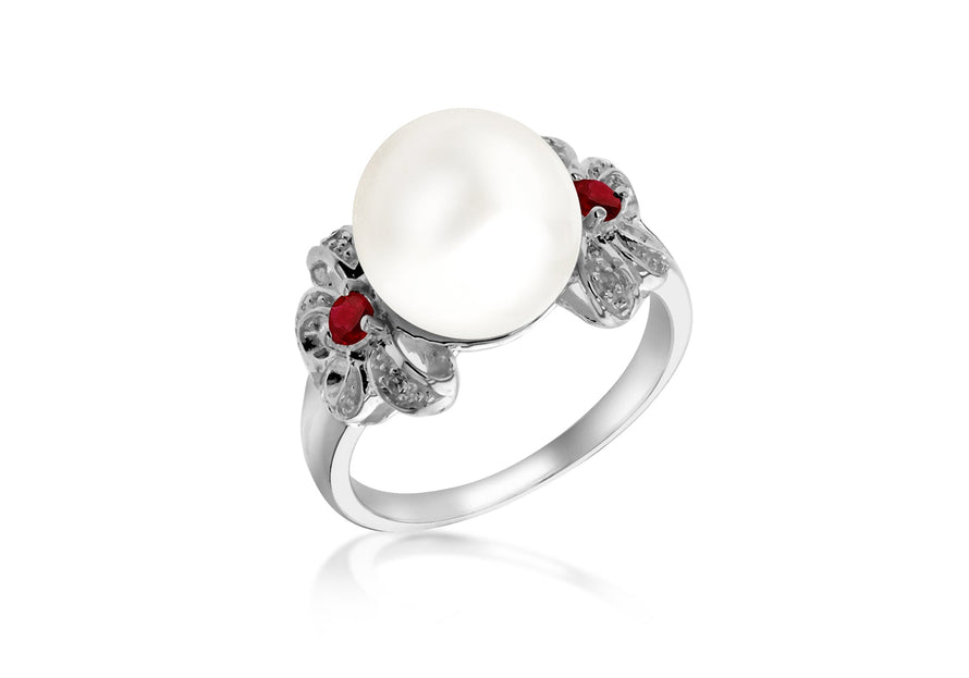 Sterling Silver White & Red Zirconia  Set Pearl Bow Ring