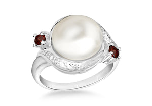 Sterling Silver Natural Pearl & White and Red Zircona Ring 