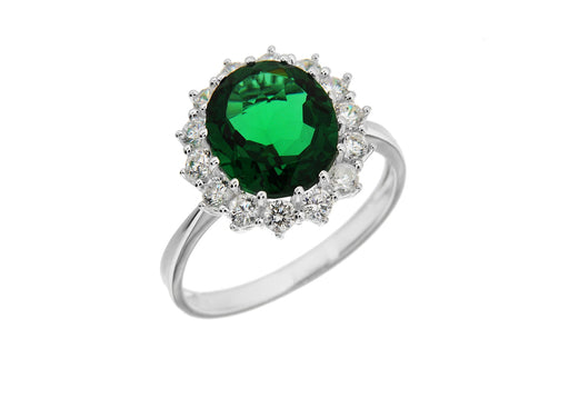 Sterling Silver White Zirconia  and Green Crystal  Cluster Ring
