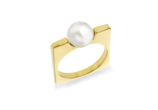 Sterling Silver Yellow Gold Pearl Set Square Ring