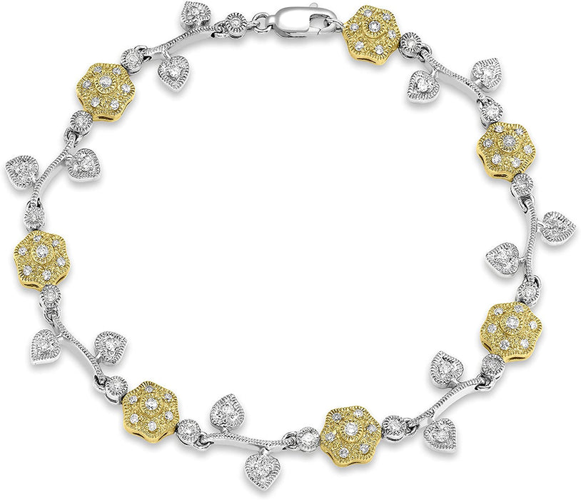 Armband aus 9 Karat zweifarbigem Gold mit 1,00 Karat Diamanten und Blumen und Blättern