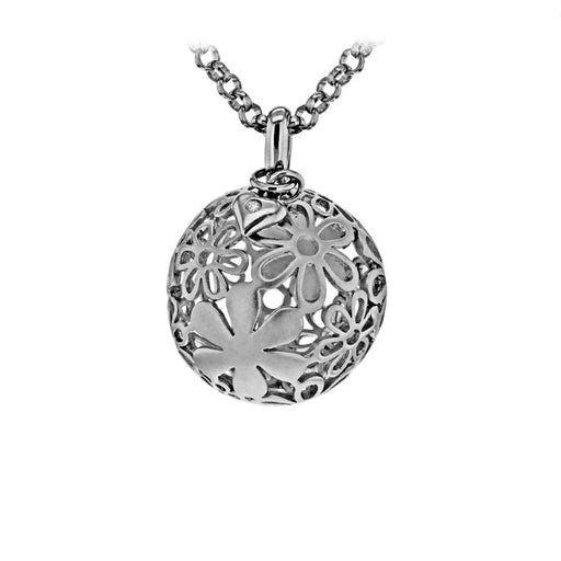 Sterling Silver Matt Floral Ball Pendant with a Tiny Heart Hand-Set with a Diamond Accent