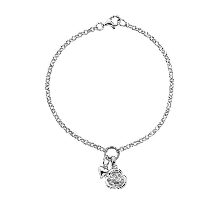 Sterling Silver Rose and Heart Charms Bracelet Hand-Set with a Diamond Accent 