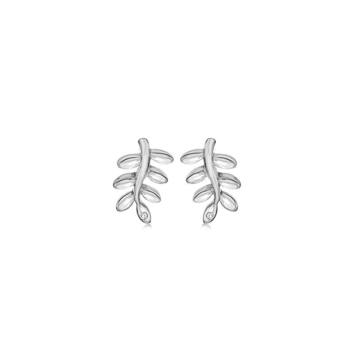 Sterling Silver Leaf Earrings, Hand-Set with Diamond Accents