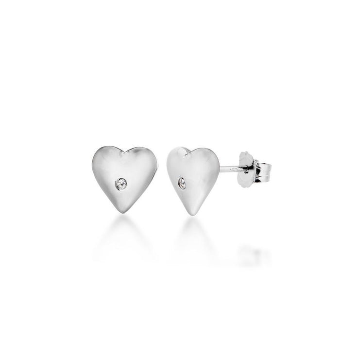 Sterling Silver 0.01ct Heart Studs Hand-Set with a Single Diamond Accent