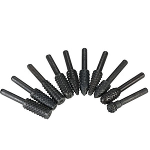 10pcs Rotary Files Rasp Set 6mm Shank Carbon Steel Carbide Milling Cutter Rotary File Burr Tool Woodworking Carving Bits Grinding Accessories - Dynagem 