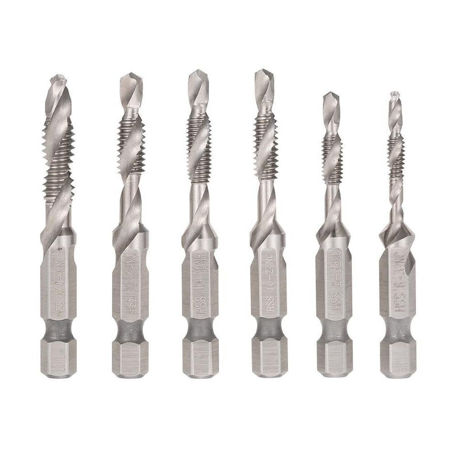 6pcs HSS 4341 Drill Tap Countersink Set Combination Deburr Bit High-Speed Steel Combined Tap and Drill 1/4" Hex Quick Change Tapping Deburring Drill Bits Kit - Dynagem 