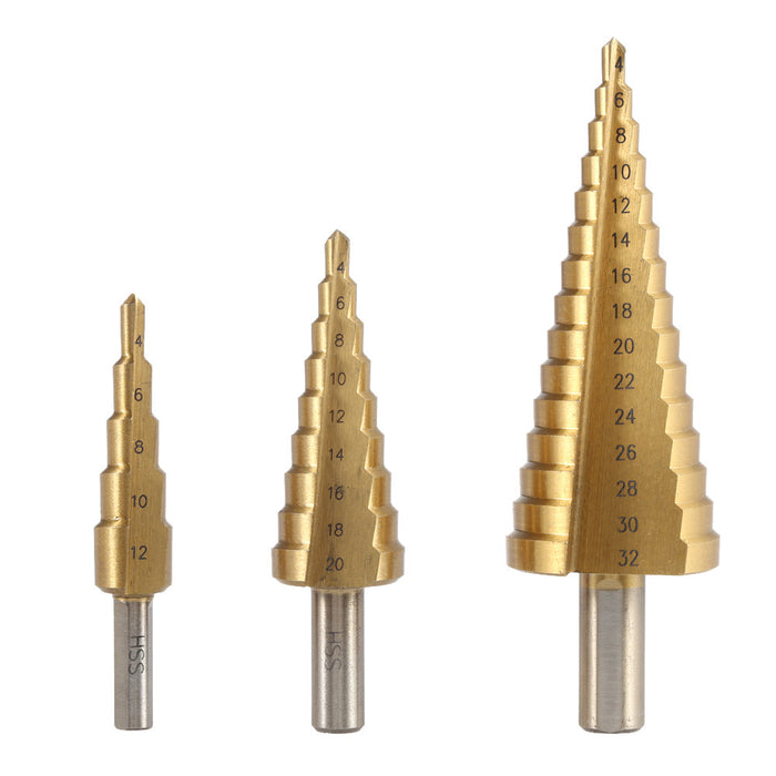 3PCS High Quality HSS Titanium Coated Straight Flute Stepped Drill Bits Professional Pagoda Drill Bit Set 4-32mm 4-20mm 4-12mm